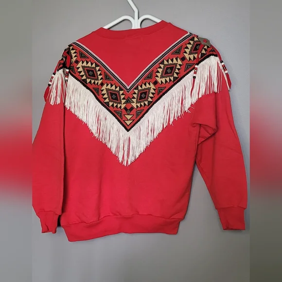 Red Sweatshirt with Fringe M Tassel Western Boho Handmade - Picture 4 of 5